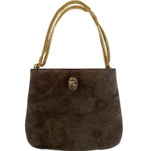 RUTH SALTZ  Vintage Suede Purse Chain Handle Brown Metal Tiger Head.